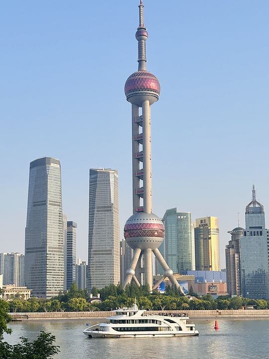 The Oriental Pearl Tower and the Pudong skyline across the Huangpu River in Shanghai