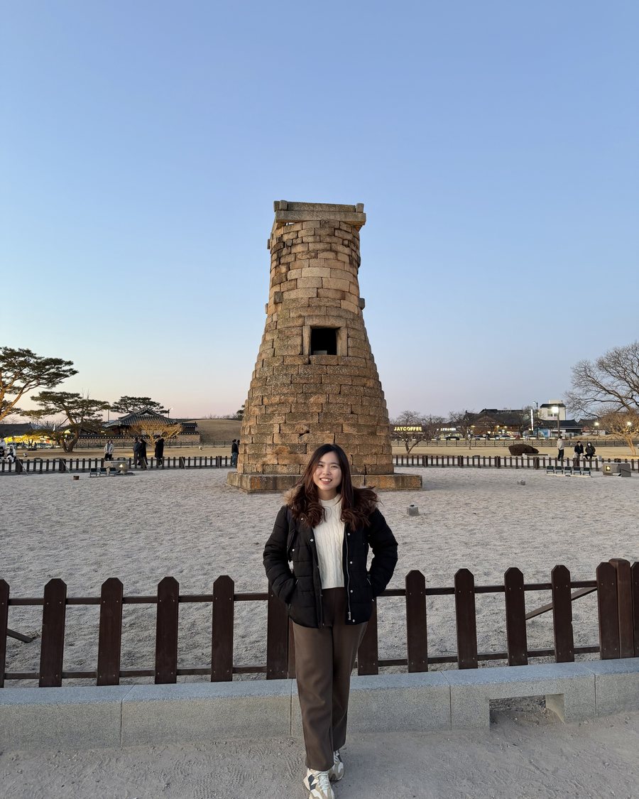 Ivy in front of Cheomseongdae, the domed stone observatory in Gyeongju, in the last light before sunset